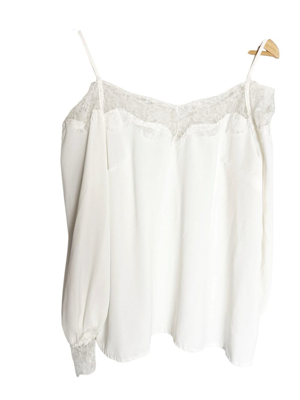Solid White Lace Trim Off the Shoulder Long Sleeve Crepe Blouse Size Small